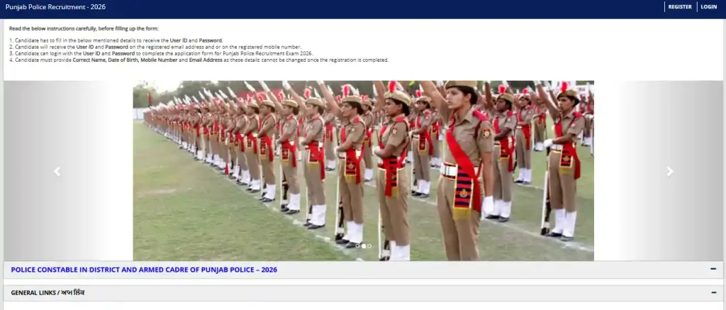 Registration and login option for Punjab Police Constable Recruitment 2026