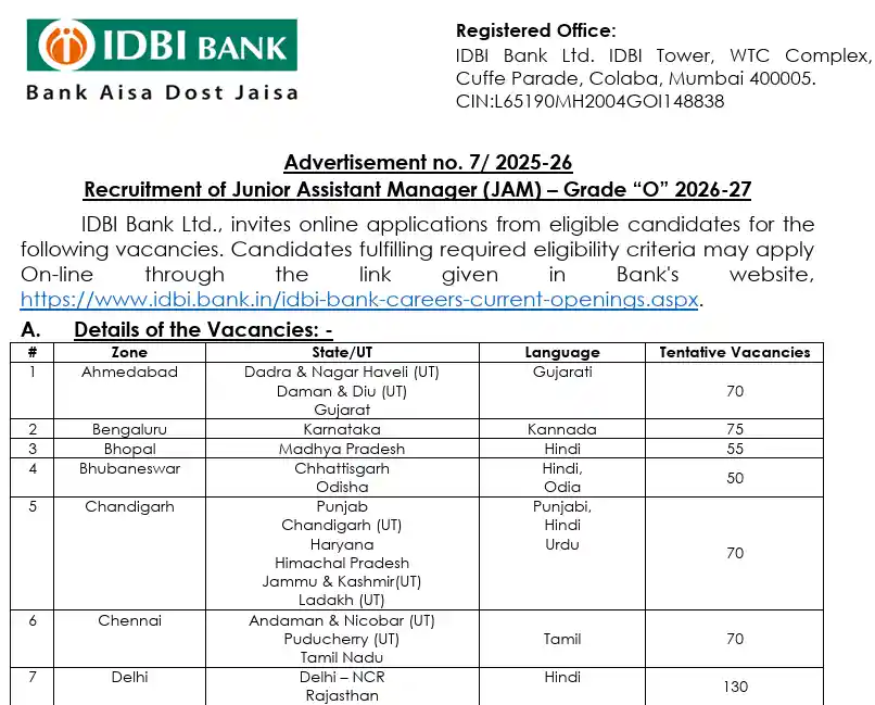 Full notification image of IDBI Bank Recruitment 2026
