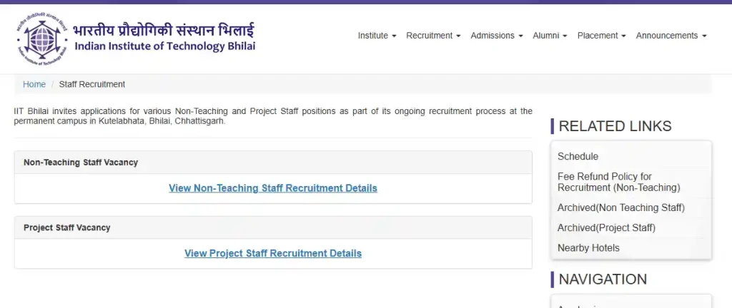 View Non-Teaching Staff Recruitment Details option for IIT Bhilai Recruitment 2026