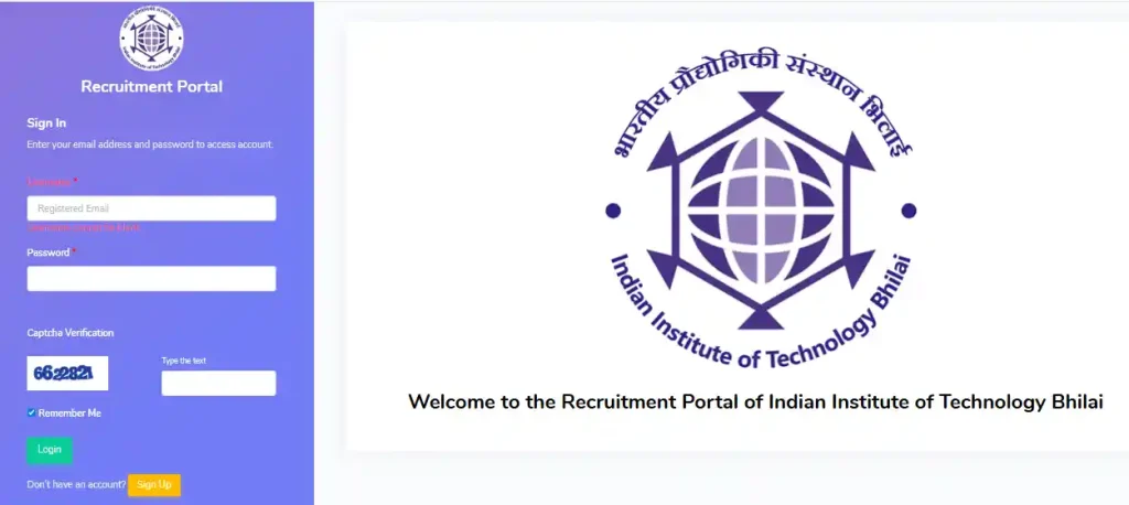 Login form for IIT Bhilai Recruitment 2026