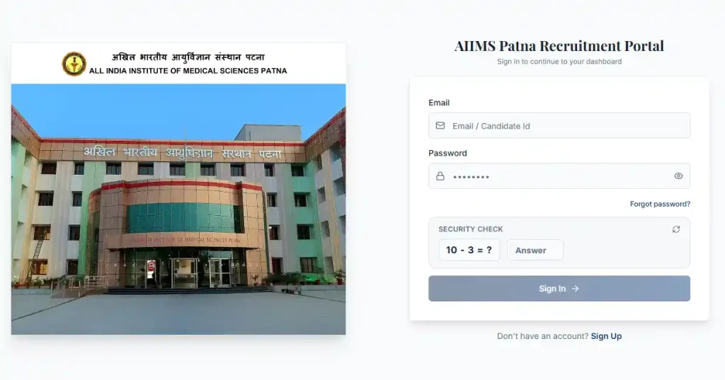 AIIMS Patna Faculty Recruitment 2026 Sign In page for AIIMS Patna Faculty Recruitment 2026