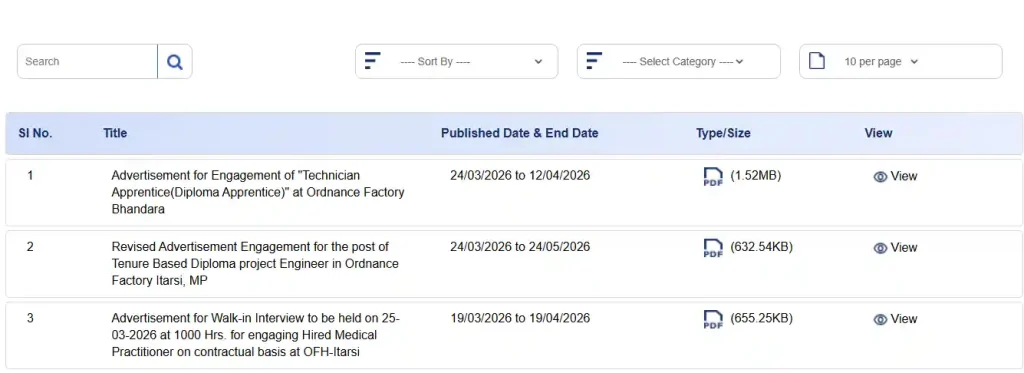 Bihar Civil Court Peon Admit Card 2026 Apply form download link for Ordnance Factory Bhandara Technician Apprentice Recruitment 2026