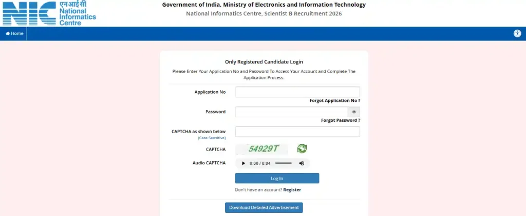 Login firm for NIC Scientist B Recruitment 2026