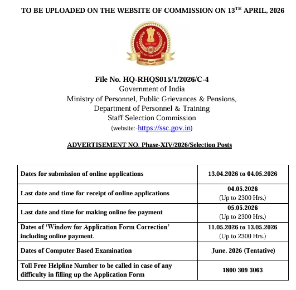 Official Notification image of SSC Selection Post Phase 14 Vacancy 2026