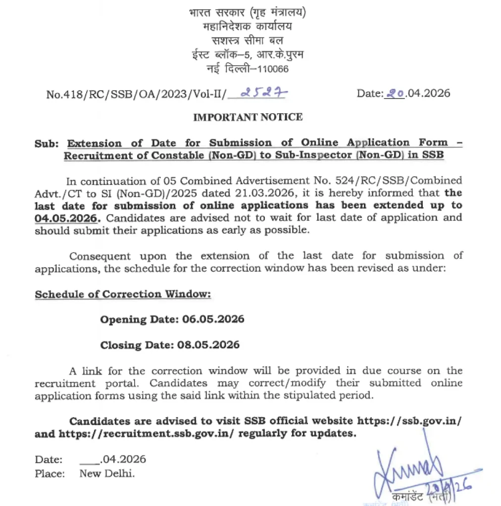 date extended Notification image of SSB Constable Tradesman & Driver Recruitment 2026