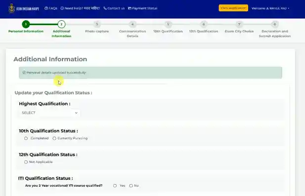 Add detial in form for Indian Navy Agniveer SSR, MR & SSR (Medical) Recruitment 2026