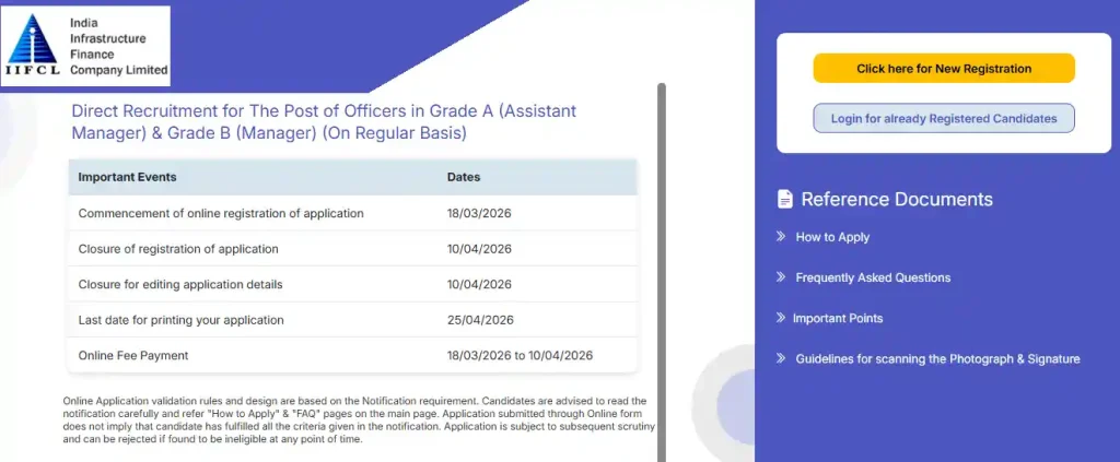 IIFCL Assistant Manager and Manager Recruitment 2026 Registration option for IIFCL Assistant Manager and Manager Recruitment 2026
