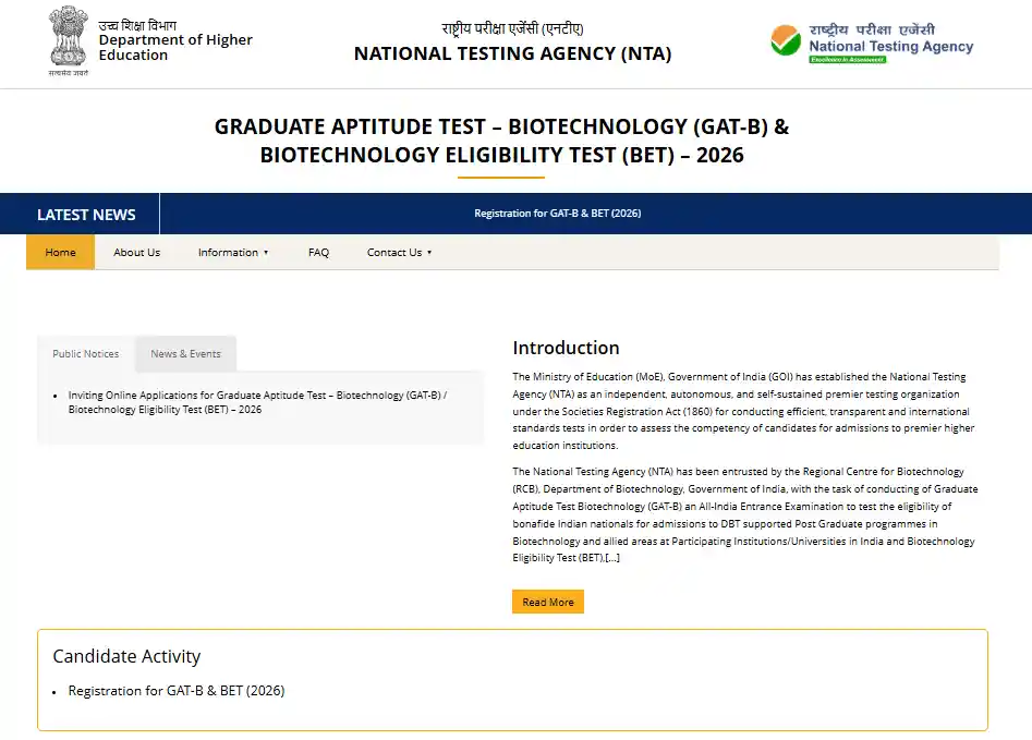 NTA GAT BET website homepage for NTA GAT-B & BET Admission 2026