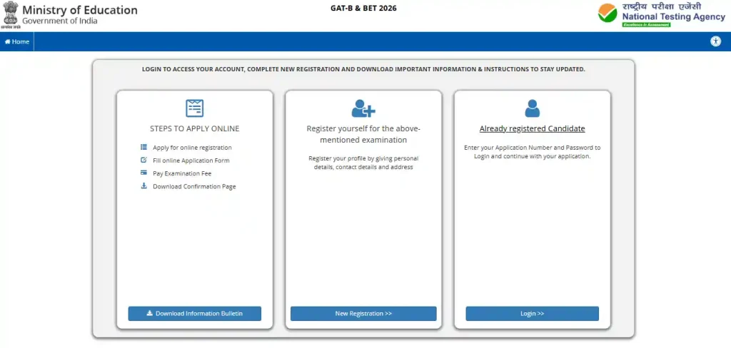 Apply and Registration option for NTA GAT-B & BET Admission 2026