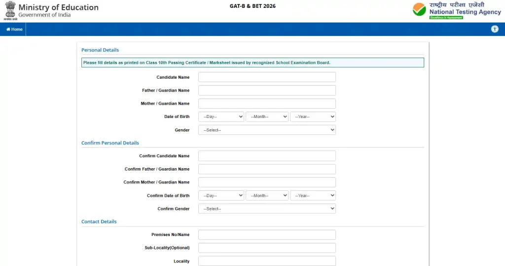 Registration form image for NTA GAT-B & BET Admission 2026