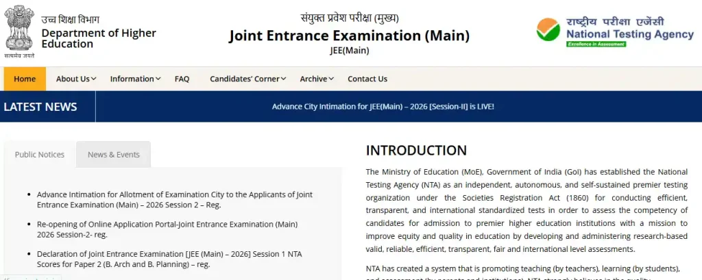 JEE Main NTA Website homepage for JEE Main 2026 Session 2 Admit Card