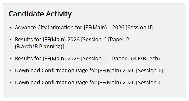 Candidate Activity section for JEE Main 2026 Session 2 Admit Card