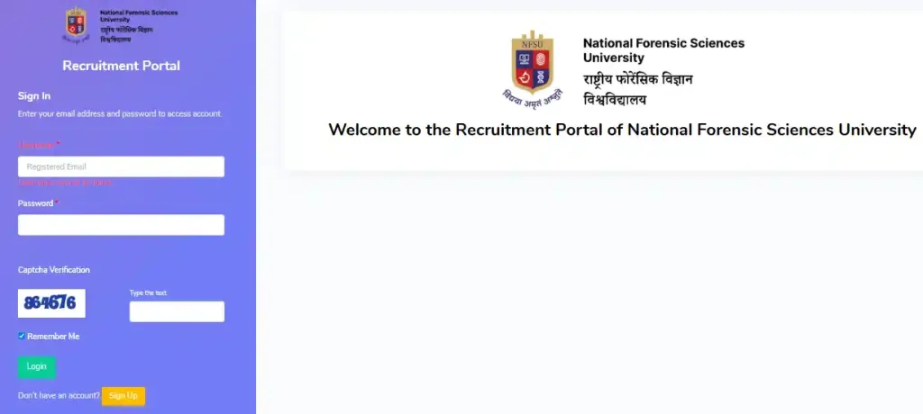 SAMARTH Portal website homepage for NFSU SO, DSO & Assistant Recruitment 2026