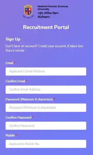 Sign UP form for NFSU SO, DSO & Assistant Recruitment 2026
