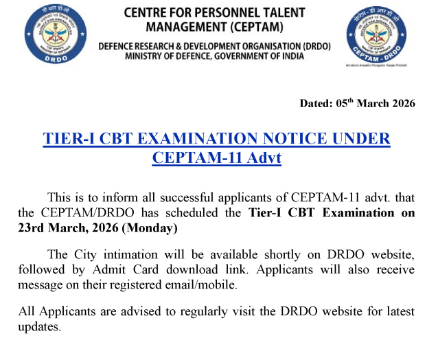 Exam date notice for DRDO CEPTAM 11 Admit Card 2026