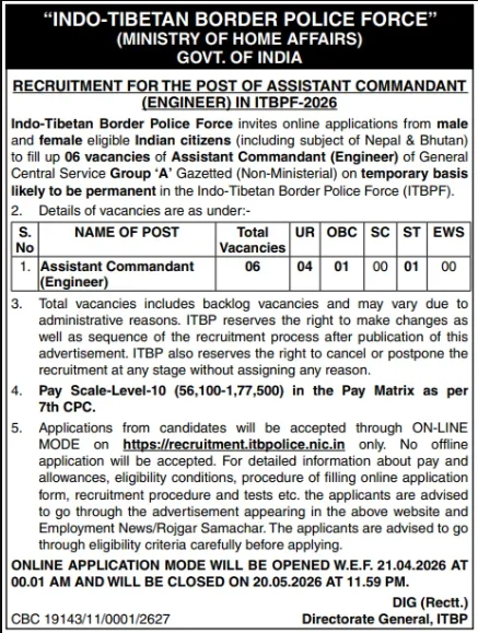 ITBP Assistant Commandant (Engineer) Recruitment 2026 Notice