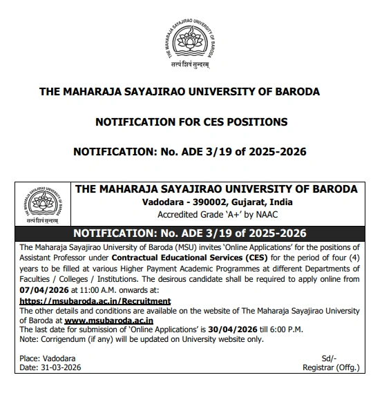 MSU Baroda Faculty Recruitment 2026
