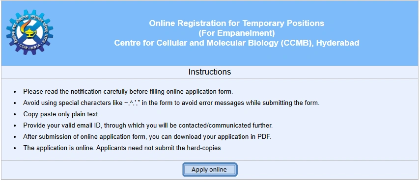 CSIR-CCMB Recruitment 2026 Instruction