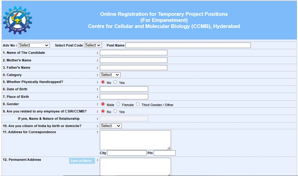 CSIR-CCMB Recruitment 2026 Registration