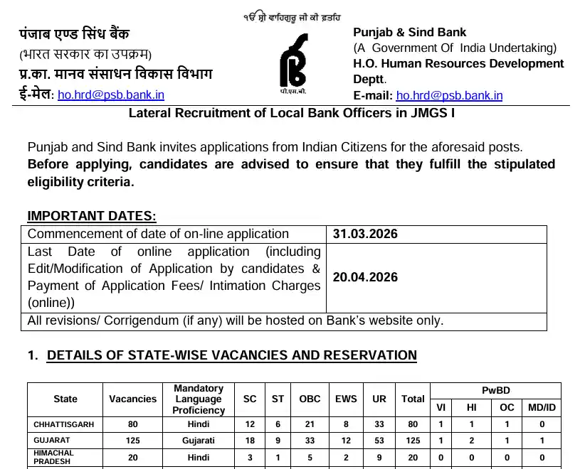 Notificaiton image of Punjab and Sind Bank LBO Recruitment 2026