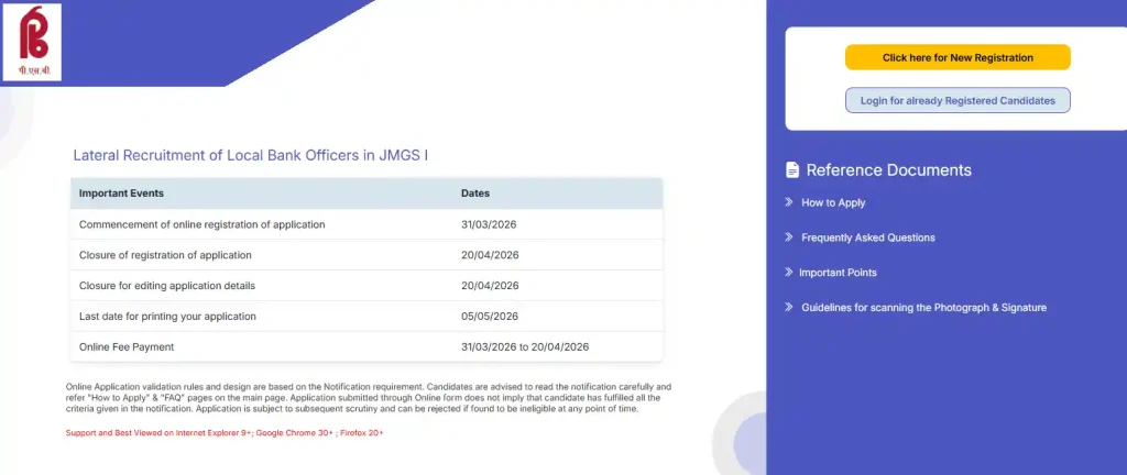 registration ande login option for Punjab and Sind Bank LBO Recruitment 2026
