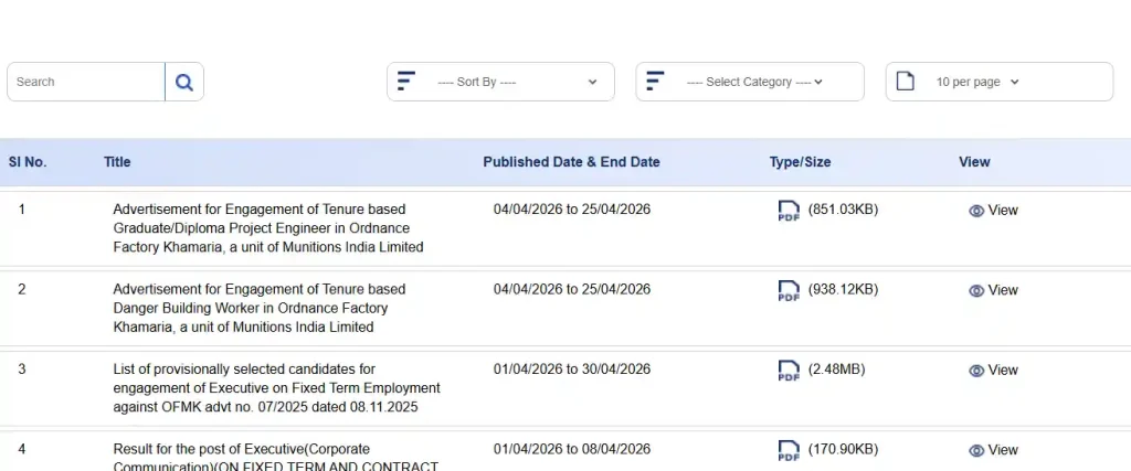 Notification download link for Ordnance Factory Khamaria Tenure Based DBW Recruitment 2026