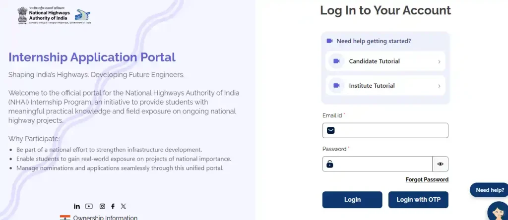 NHAI Internship Portal website homepage for NHAI Summer Internship 2026