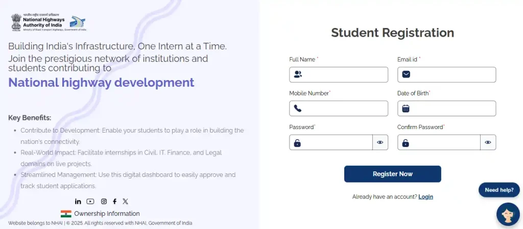 Student registration form for NHAI Summer Internship 2026