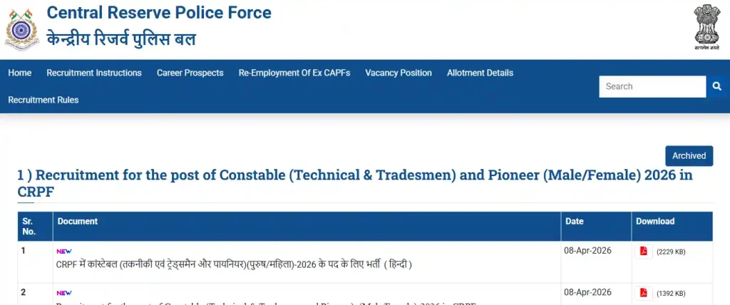 CRPF website homepage for CRPF Tradesman Recruitment 2026