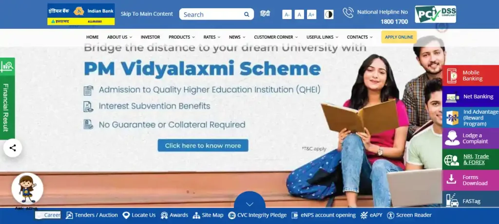 Indian Bank Website homepage for Indian Bank SO Recruitment 2026