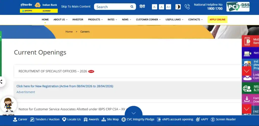 Apply option of Indian Bank SO Recruitment 2026