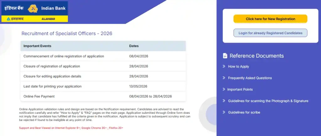Registration and login image of Indian Bank SO Recruitment 2026