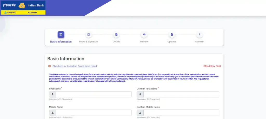 Registration form for Indian Bank SO Recruitment 2026