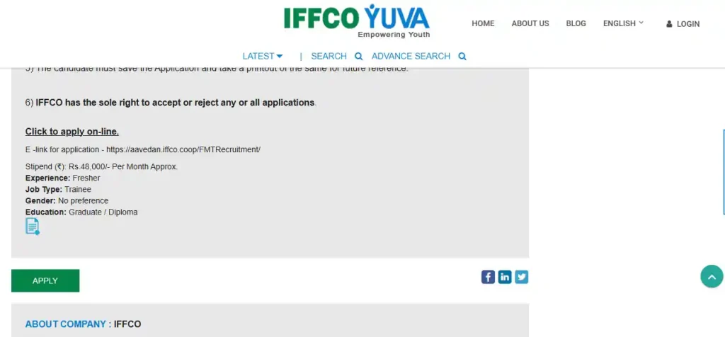Apply link for IFFCO Trainee Recruitment 2026