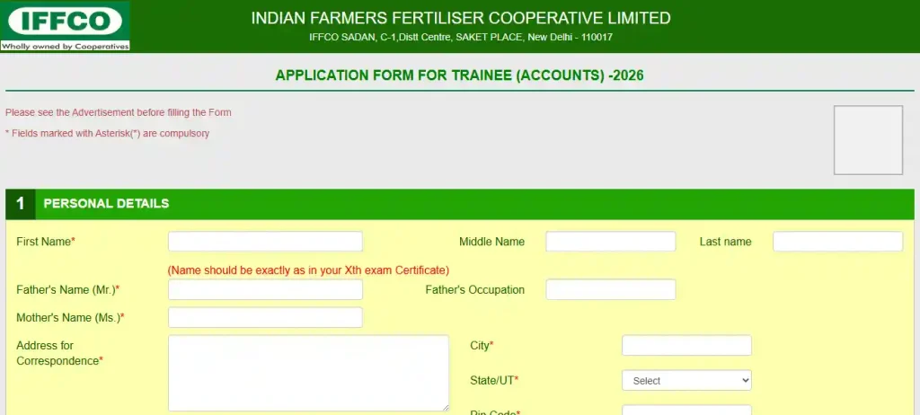 Apply form for IFFCO Trainee Recruitment 2026