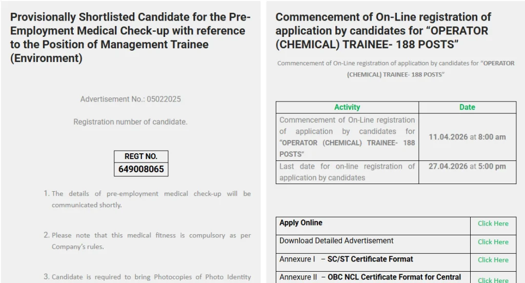 Apply option for RCFL Operator Trainee Recruitment 2026