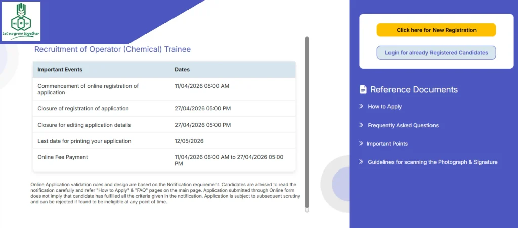 Login and registration option for RCFL Operator Trainee Recruitment 2026