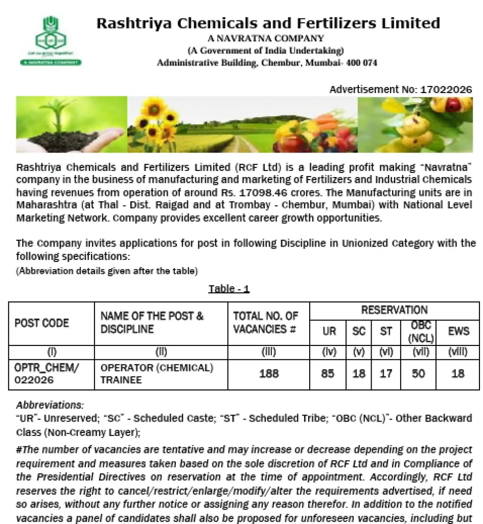 Official notification image of RCFL Operator Trainee Recruitment 2026