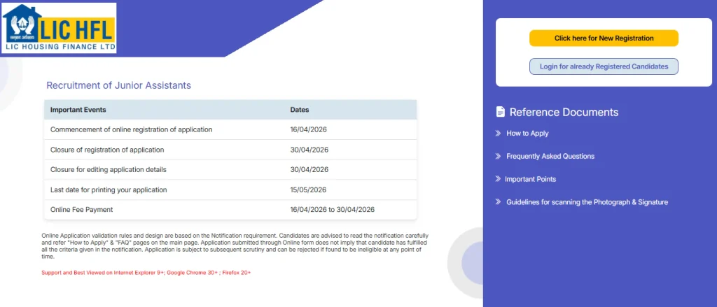 Registration and login option for LIC HFL Junior Assistant Recruitment 2026