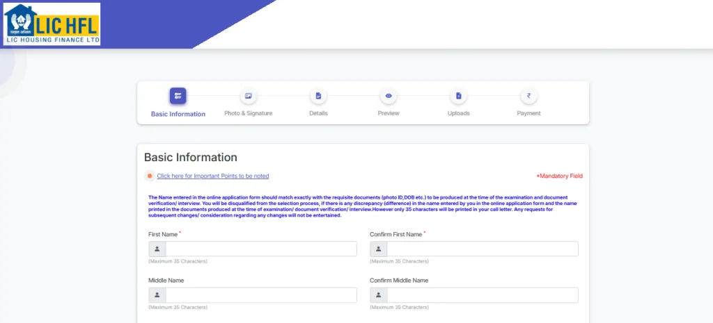 Registration form image for LIC HFL Junior Assistant Recruitment 2026