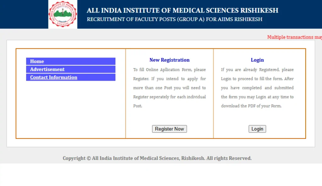 AIIMS Rishikesh Faculty Recruitment 2026 Registration and login option for AIIMS Rishikesh Faculty Recruitment 2026