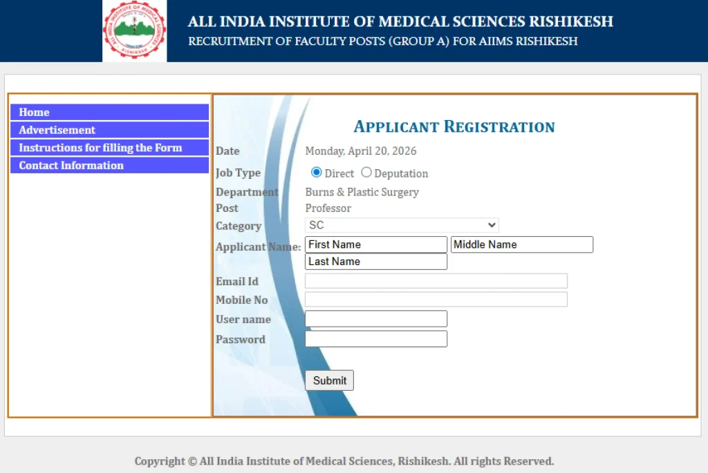 AIIMS Rishikesh Faculty Recruitment 2026 Registration form image of AIIMS Rishikesh Faculty Recruitment 2026