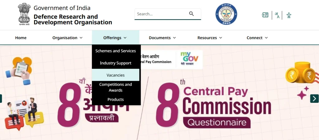 DRDO website homepgae for DRDO DLRL Hyderabad Paid Internship 2026