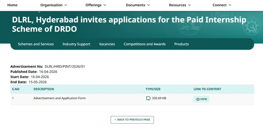 Notification download link for DRDO DLRL Hyderabad Paid Internship 2026