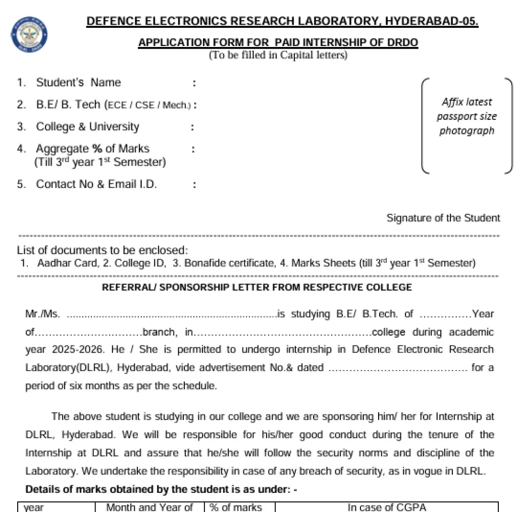 Form image for DRDO DLRL Hyderabad Paid Internship 2026