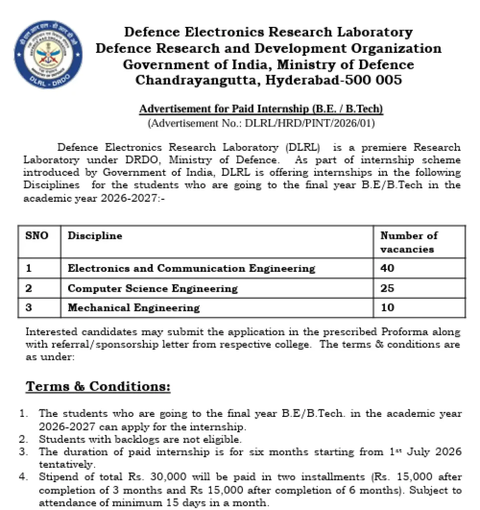 Notification image of DRDO DLRL Hyderabad Paid Internship 2026