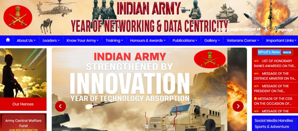 Indian Army Websit Homepage for Territorial Army Officer Recruitment 2026