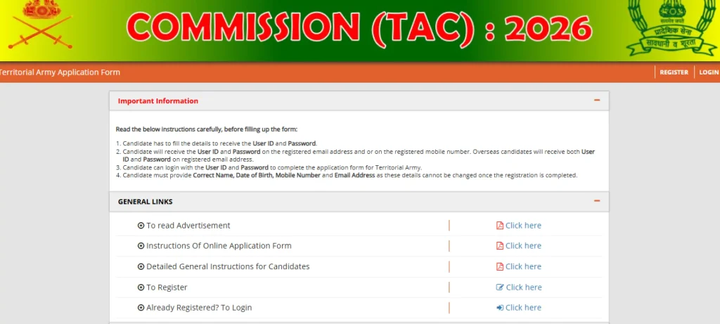 Registration and login option for Territorial Army Officer Recruitment 2026