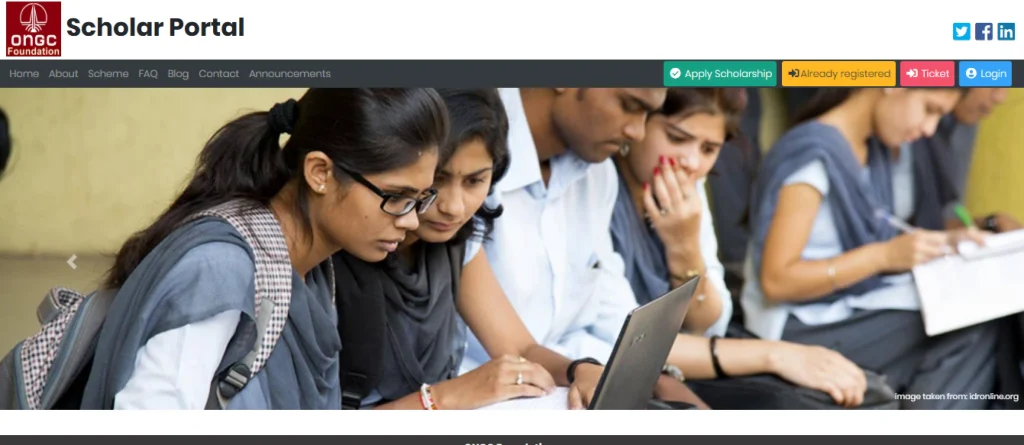 ONGC website homepage for ONGC Merit Scholarship 2025-26