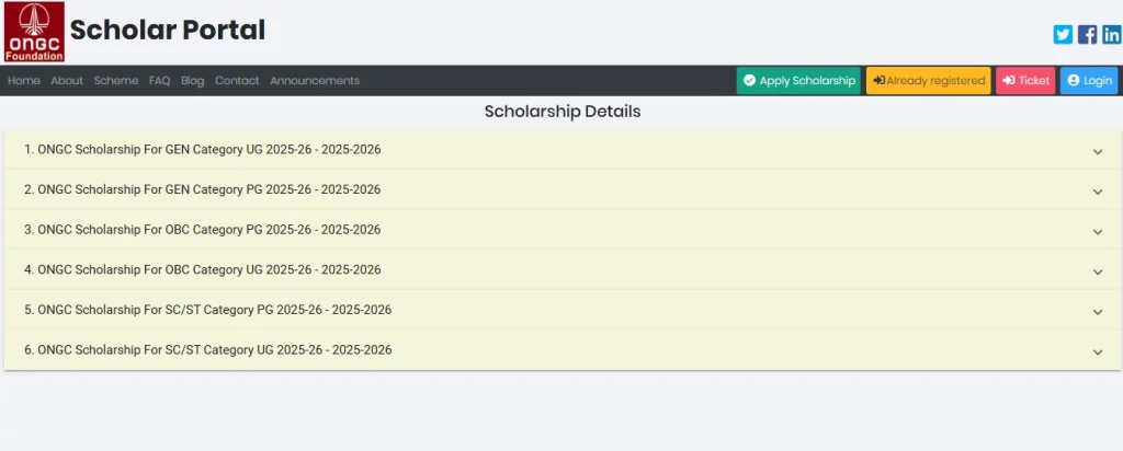 All Category option for ONGC Merit Scholarship 2025-26